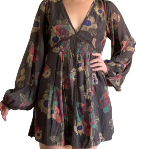Y2K Free People deep v-neck long balloon sleeve mini floral print retro dress - Picture 1 of 4